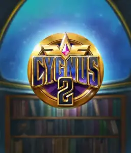 Experience the magical graphics of Cygnus 2 Slot by ELK Studios, showcasing a stunning golden emblem with a bright purple and gold design. With a backdrop of a mystical background of a library, this graphic conjures the spirit of adventure and mystery. 